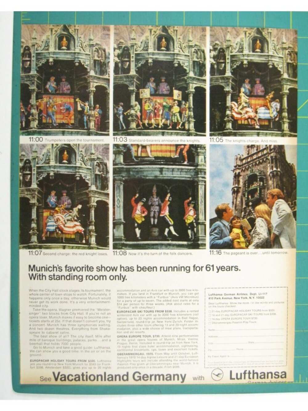 Print Ad Munich Glockenspiel Tourism Lufthansa Airlines Germany Vintage 1960s